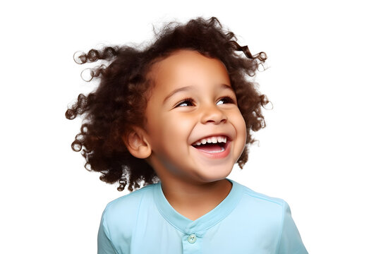 a professional portrait studio photo of a cute mixed race boy child model with perfect clean teeth laughing and smiling. isolated on white background. for ads and web design.