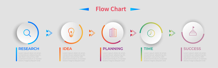Business plan five-option diagram with round labels and icon. Business ui data visualization. Used for scheme presentation or workflow. vector