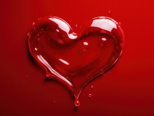 A drop of water in the shape of a heart on contrast red background. Valentine's Day concept.