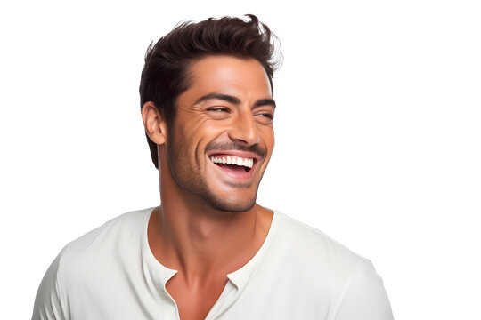 a professional portrait studio photo of a handsome young white american man model with perfect clean teeth laughing and smiling. isolated on white background. for ads and web design.