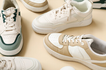 Different stylish sneakers on beige background