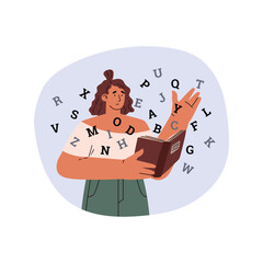 Girl with book and scattered letters around.