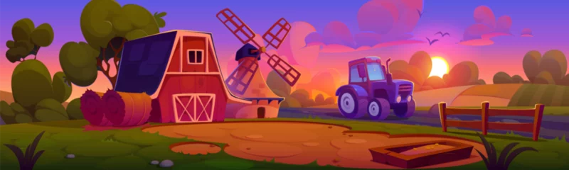 Gardinen Cartoon farm landscape on sunset or sunrise with barn, wind mill and tractor standing on field. Vector illustration of rural agriculture house and equipment in ranch scenery under pink gradient sky. © klyaksun