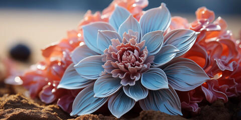 Fototapeta na wymiar Wunderschöne Chrysantheme in rosa mit blau im schönen Sonnenlicht Querformat für Banner, ai generativ