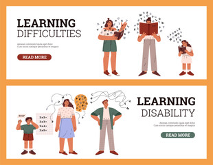 Set of website banner templates about learning difficulties flat style