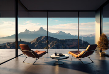 the modern patio of a house under the mountain view - obrazy, fototapety, plakaty