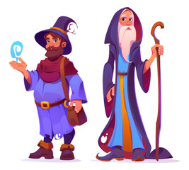Mystical sorcerer with witchcraft powers. Cartoon vector set of two male magician characters - merlin with grey beard in long robe with staff and warlock wearing hat with mystery light on hand. - obrazy, fototapety, plakaty