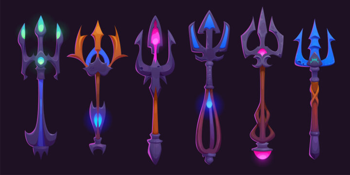 Cartoon god trident - vector illustration set of poseidon or neptune staff with three ends and glowing jewelry decorations. Magic fantasy game asset of metallic spear with fork limb and gemstones.