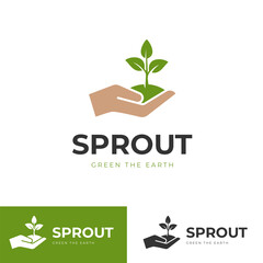 sprout plant development vector logo icon design with hand holding seed tree for greening earth logo template