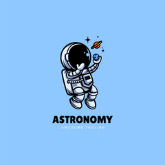 Astronaut Floating with moon, planet orbit Cartoon Vector logo Icon design Illustration for astronomy Science Technology logo template © Agung