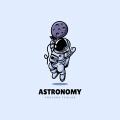 Astronaut Floating with moon Balloon Cartoon Vector logo Icon design Illustration for astronomy Science Technology logo template