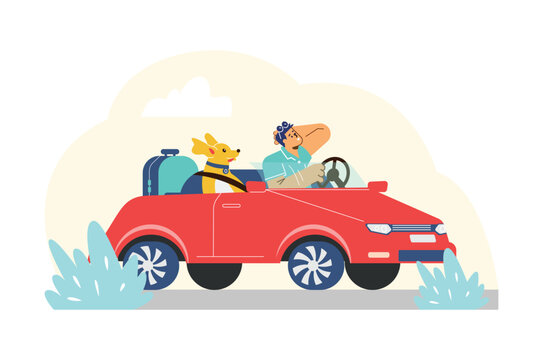 Man traveling together with pet in car, flat vector illustration isolated.