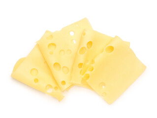 Delicious cheese slices on white background