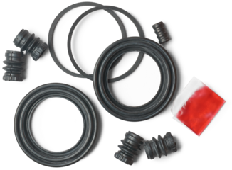 close-up of new brake caliper pin piston boots with seal and grease, repair kit for crucial components in car hydraulic braking system, regular inspection maintenance concept isolated white background
