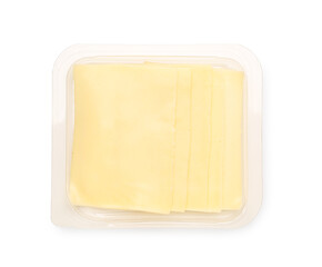 Tasty cheese slices in plastic pack on white background