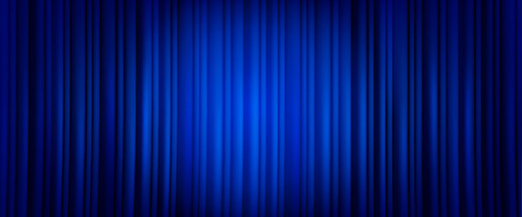 Closed blue theater or cinema curtain on stage with circle spotlight. Realistic vector background of broadway show or movie ceremony fabric waved drapery. Backdrop velvet tissue on scene with light. - obrazy, fototapety, plakaty