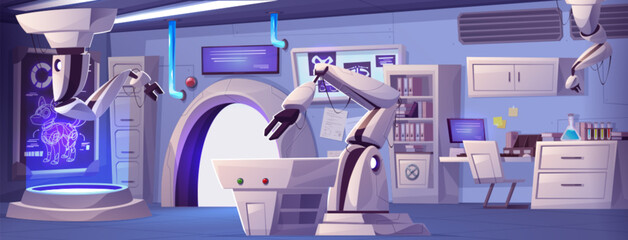 Cartoon lab technology interior vector background. Laboratory robot equipment for medical and science experiment. Futuristic dog transformer biotech modification. Ventilation and pipes in room - obrazy, fototapety, plakaty