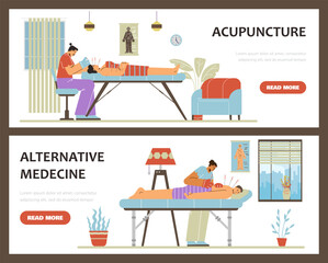 Acupuncture therapy using needles banners or flyers, flat vector illustration.
