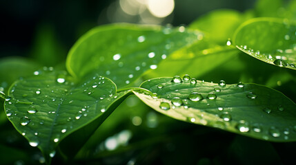 Water drops on a background of green leaves