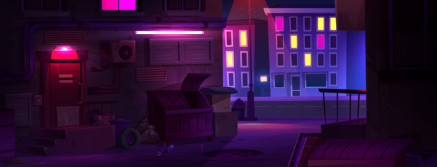 Night dark city alley street cartoon background. Urban building with cyber neon light on house wall. Back alleyway in neighborhood near road with cityscape. Colorful nyc downtown life with trash