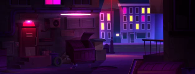 Foto op Canvas Night dark city alley street cartoon background. Urban building with cyber neon light on house wall. Back alleyway in neighborhood near road with cityscape. Colorful nyc downtown life with trash © klyaksun