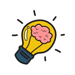 Human brain in lightbulb idea doodle style