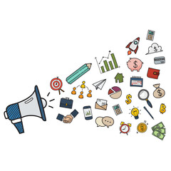 Megaphone with Business doodles hand drawn icons