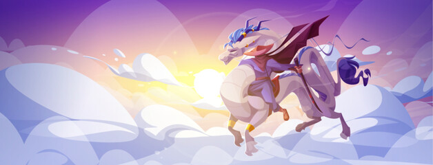 Rider on fantasy dragon in magic sky background. Sunrise chinese flying adventure in clouds beautiful fairytale landscape with mythical beast and warrior. Magical character with wings and horns