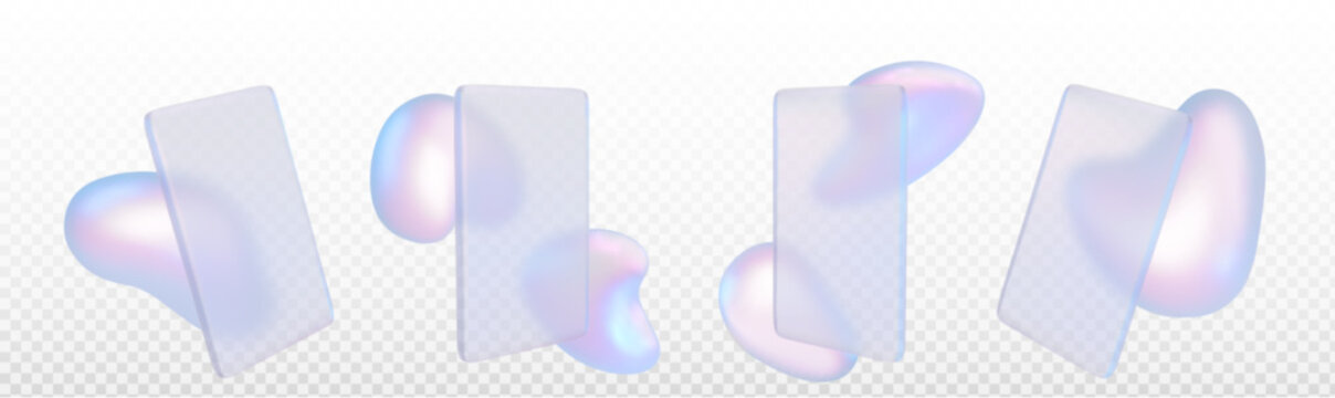 3d holographic glass morphism abstract liquid bubble shape. Futuristic chrome colorful iridescent color dynamic form with card surface and blur effect on surface isolated on transparent background