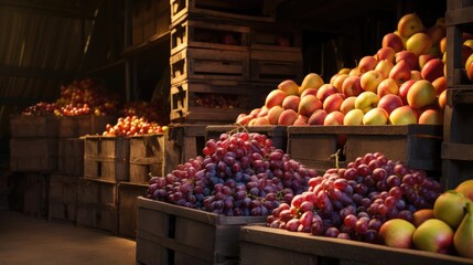 Fototapeta na wymiar A lot of ripe fruits in the farm's warehouse