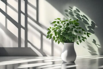 a contemporary porcelain vase with green plants on the kitchen counter. shadows cast by a leaf and a window on a wall. the setting for a product display. 3D rendering