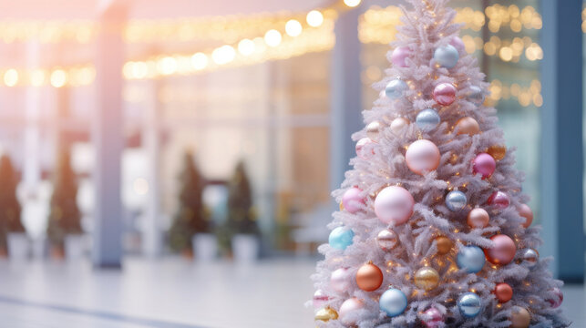 Christmas Tree In Front Of A Blurry Shopping Mall With People