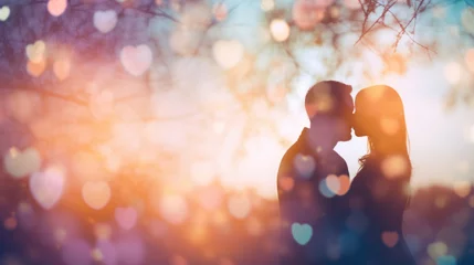 Fotobehang Silhouette of a couple in love with heart bokeh background © tashechka