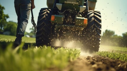 Agricultural tractor driving on field with planted plants - obrazy, fototapety, plakaty