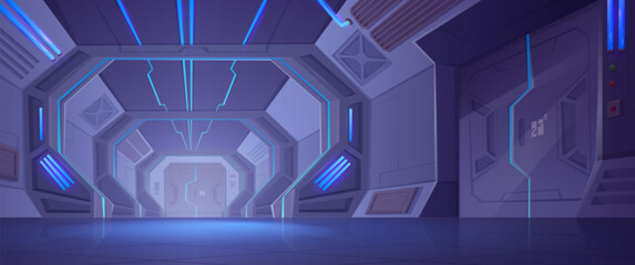 Futuristic spaceship metal door on ship interior background. 2d digital laboratory station with neon light in lock corridor indoor with sliding steel gate game secret room vector cartoon illustration © klyaksun