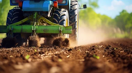 Fotobehang Agricultural tractor driving on field with planted plants © cherezoff