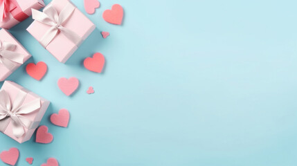 Pink gift boxes with hearts on blue background
