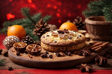 Obraz na płótnie Canvas Christmas cookies with oranges, cinnamon and anise on a wooden board