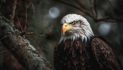 Fototapeta premium Majestic bald eagle perching on branch, looking at camera generated by AI