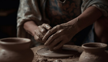 Fototapeta na wymiar Craftsperson turning clay on pottery wheel, molding vase with skill generated by AI