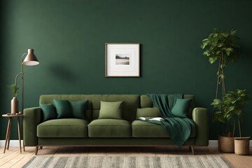 Wall mockup with a 3D rendered interior of a dark green farmhouse living room