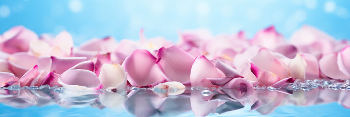Fototapeta premium Pink roses petals on a blue bokeh background.