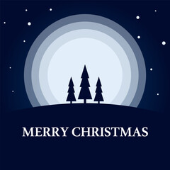 Merry christmas poster with the moon in the middle and 3 trees on a blue background and stars