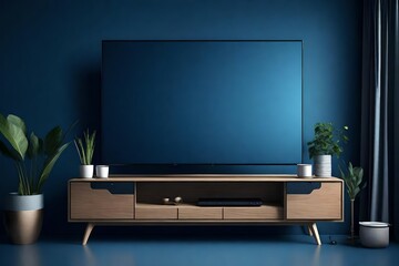 Smart TV with basic design and 3D rendering on the dark blue wall in the living room - obrazy, fototapety, plakaty