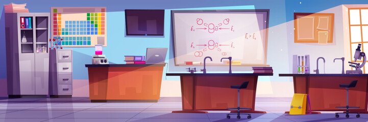 School chemistry classroom interior with laboratory equipment and supplies. Cartoon vector of tools and furniture in lab for chemical experiments and education - chalkboard and desk with glassware. - obrazy, fototapety, plakaty