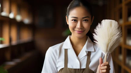 Poster Asian maid in housekeeper uniform with feather broom for cleaning the room © Natalia S.