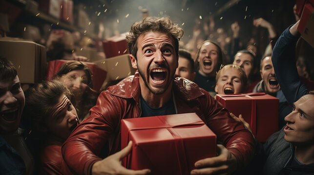 A man with a crowd of buyers runs with gift box from a store for seasonal Christmas sales, discounts