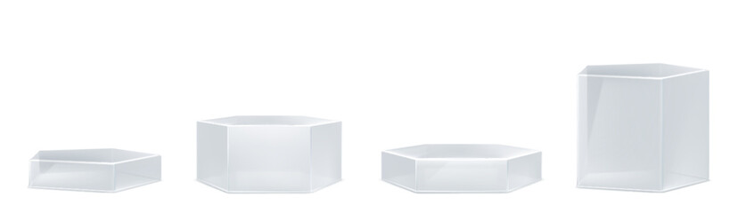 3D pentagon and hexagon glass platforms set isolated on white background. Vector realistic illustration of transparent abstract plastic podiums, product presentation stand, stage pedestal mockups