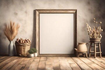 Farmhouse room interior background mockup frame, in 3D