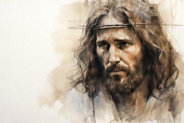 Jesus Christ, in background a wooden cross, Pen and Ink sketch, Color pencil  